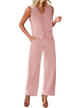 Women's Pink Polyester Two Piece Button V Neck Wide Leg Pants Suit Blazer